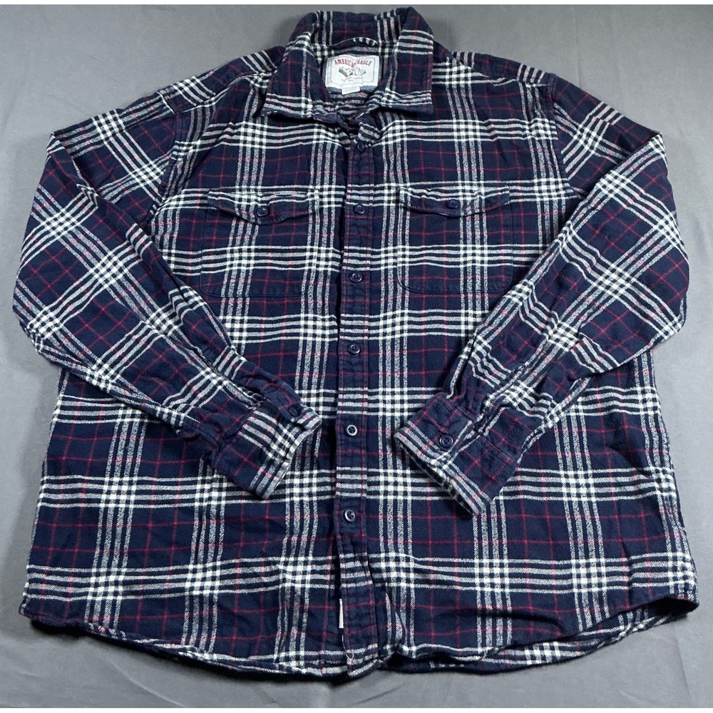 American Eagle Men XL Flannel Shirt Navy Blue Red White Plaid Long Sleeve Cotton